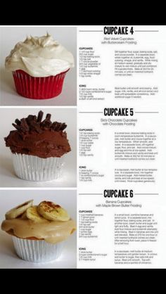 four different types of cupcakes with chocolate frosting