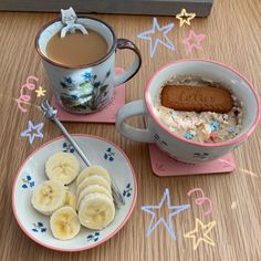 there is a bowl of oatmeal and banana slices next to a cup of coffee