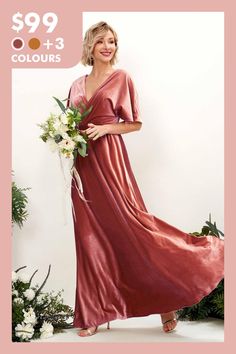 a woman in a long dress with flowers on the side and an ad for $ 99