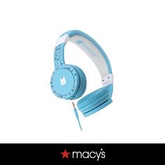 a pair of headphones that are blue with white trim and diamonds on the side