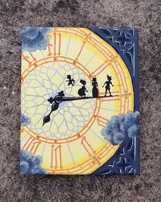 a painting of people on a clock face with clouds and blue sky in the background