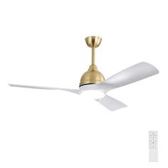 a white ceiling fan with a gold finish on the blade and two blades attached to it