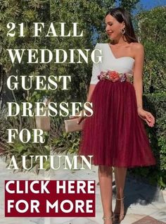 a woman in a red and white dress with text that reads, 21 fall wedding guest dresses for autumn click here for more