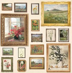 there are many paintings on the wall with flowers in vases next to each other