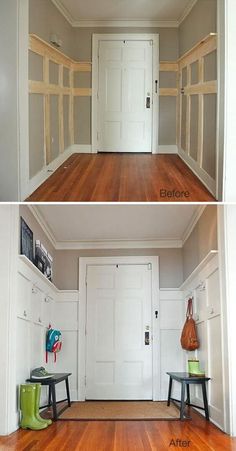 before and after pictures of a hallway with white walls, wood floors and an open door