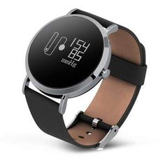 an image of a smart watch showing the time on it's face and leather band