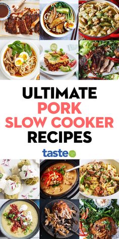 the ultimate pork slow cooker recipe book is open to reveal various dishes and ingredients