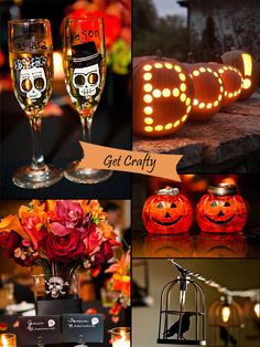 halloween decorations with pumpkins, candles and wine glasses