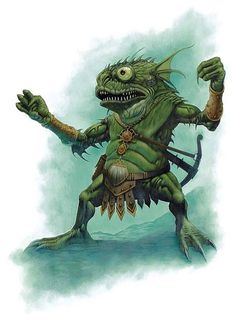 an illustration of a green creature with big eyes and large arms, holding his arm out