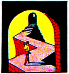 a drawing of a person standing on top of a brick wall next to a doorway