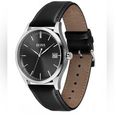 This Watch Is Great With Both Casual And Dressy Wear, This Watch Will Always Attract Attention To Your Wrist! -The Watch Has A Calendar Function: Date High Quality 21 Cm Length And 21 Mm Width Black Leather Strap With A Buckle Case Diameter: 41 Mm,Case Thickness: 10 Mm, Case Colour: Silver And Dial Colour: Black Water Resistant: 3 Bars -Weight: 48 G Formal Black Chronograph Watch With Date Display, Elegant Chronograph Watch With Date Indicator For Business, Classic Business Watch With Date Display, Black Leather Watches With Date Display, Leather Watches With Date Display, Elegant Black Chronograph Watch With Date Display, Elegant Black Watch Bands With Date Indicator, Black Leather Watch Accessories With Date Display, Leather Watches With Date Display And Round Dial