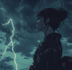 a woman standing in the rain with lightning behind her