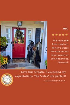 a red front door with two scarecrows on it and the caption says, we love how land used our wreath on their front porch or the halloween season