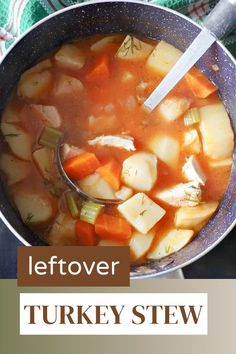 A pot with leftover turkey stew. Leftover Turkey Stew, Leftover Turkey Curry, Turkey Stew, Turkey Curry, Leftover Recipes, Leftover Turkey Recipes, Turkey Dishes, Stewed Tomatoes