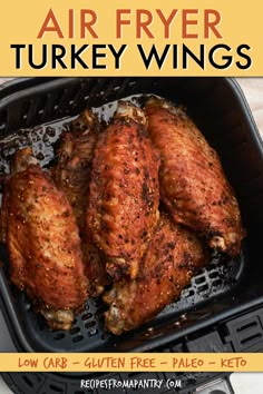 air fryer turkey wings in a pan with text overlay