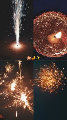 four different pictures of fireworks in the night and on firecrackers, with one lit up