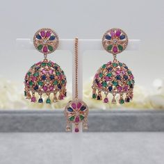 Rose Gold Finish American Diamond Multicolor Jhumka and Tika Set Very lightweight! Multicolor Jhumkas With Latkans For Eid, Multicolor Jhumkas For Diwali, Festive Multicolor Tilla Danglers, Multicolor Jhumkas For Navratri Festival, Multicolor Jhumkas With Latkans For Celebration, Multicolor Jhumkas With Latkans For Festivals, Multicolor Tilla Jhumkas For Navratri, Multicolor Latkans Jhumkas For Navratri, Multicolor Chandbali Jhumkas For Diwali