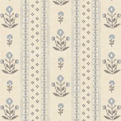 an old fashioned wallpaper with blue flowers and stripes on the side, in beige