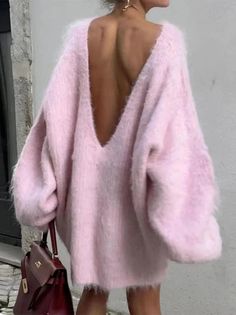 Low Back Lantern Sleeve Short Mohair Dress - SHExFAB Loose Knit Dress, Loose Knitwear, Backless Sweater, Pull Mohair, Long Knit Sweater, Pull Oversize, High Street Fashion, Stylish Sweaters, Sweater Dress Women