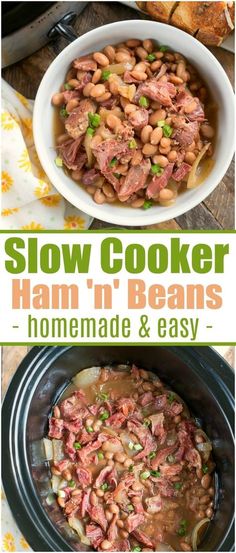 slow cooker ham and beans recipe in the crock pot with text overlay