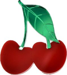 two cherries with green leaves on them