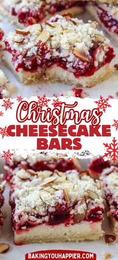 Christmas Cheesecake Bars | Baking You Happier Great Holiday Desserts, Christmas Party Food Sweets, Cherry Pie Squares, Chocolate Cherry Cheesecake Bars, Easy Show Stopper Desserts, Desserts That Go With Soup, Christmas Cherry Bars Recipe, Thanksgiving Cheesecake Bars