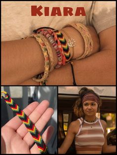 there is a collage of pictures with different bracelets on each hand and an image of a woman wearing a headband