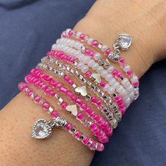 "These Clear Pink beaded stretchy bracelets with silver tone charm are handcrafted personally for me, Derlis. You can pick your size bracelet.  Choose your favorite color, color combination in silver tone finish, mix and match and make your own set. Fun for both kids and adults alike. Perfect as Valentine's Day gift, friendship bracelets, even for daily wearing. It is very important that you measure your wrist before placing your order to find your correct size bracelet. You can use a flexible t Valentines Beaded Bracelet, Valentine’s Day Bracelet Ideas, Valentines Day Bracelet, Valentine's Day Celebration, Pink Beaded Bracelets, Mother Daughter Bracelets, Mini Gardens, Valentines Bracelets, Friendship Bracelets With Beads