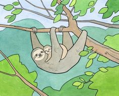 a painting of a sloth hanging from a tree