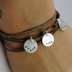 Mom Bracelet - personalized - Leather Wrap Bracelet - Handstamped Jewelry for Mom - EcoFriendly Recycled Silver - for the Hip Mom. $82.00, via Etsy. Stamped Jewelry Ideas, Leather Silver Jewelry, Mom Bracelet Personalized, Mom Bracelet, Metal Stamped Jewelry, Moms Bracelet, Mom Jewelry