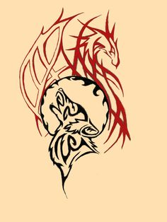 His And Her Dragon Tattoo Ideas, Wolf Dragon Tattoo, Dragon And Wolf Tattoo Design, Wolf And Dragon Tattoo, Wolf And Dragon, Wolf Yin Yang Tattoo, Yin And Yang Wolf Tattoo, Dragon And Wolf Drawing, Norse Dragon Tattoo