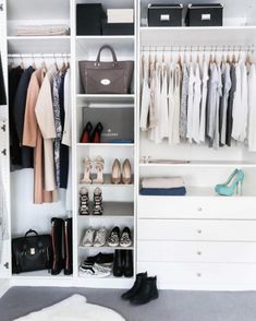 a white closet filled with lots of clothes and shoes