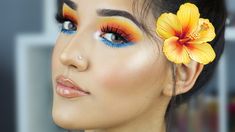 Hawaiian Makeup Look Natural, Hawaiian Makeup, Hawaii Makeup, Carnaval Make-up, Fantasy Make-up, Sunset Makeup, Blue Eyeshadow Looks, Yellow Eyeshadow, Make Up Videos