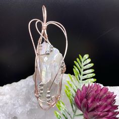 Angel Aura Quartz Crystal Necklace, Crystal Cluster Pendant, Rose Gold Tone Wire Wrapped, Adjustable Cord Gift Box by GemDesignsByJan on Etsy Aura Quartz Crystal, Angel Aura Quartz, Quartz Crystal Necklace, Angel Aura, Suede Cord, Necklace Crystal, Cluster Pendant