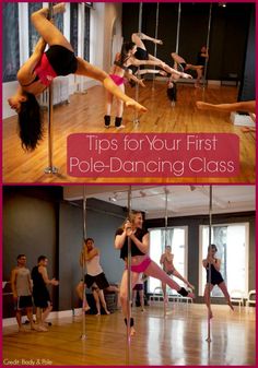 a group of people doing acrobatic exercises in a dance studio with the words tips for your first pole - dancing class