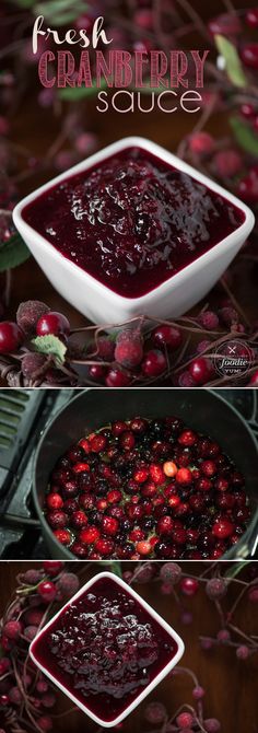 fresh cranberry sauce in a pan with berries on the side