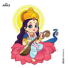 Laxmiji Drawing, Amman Drawings Easy, Cute Saraswati Drawing, Cartoon God Drawing, Saraswati Cartoon, Saraswati Goddess Paintings Easy, Swarasati Maa Drawing, Cute Saraswati Goddess, Durga Mata Drawing Easy