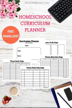 the printable homeschool curriculum planner is shown on top of a desk with flowers and