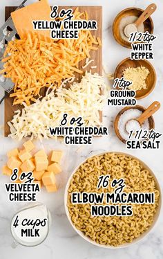 the ingredients to make macaroni and cheese are shown