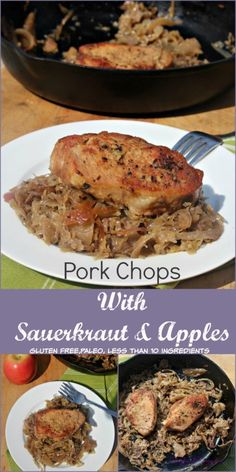 pork chops with sauerkraut and apples in a skillet on a table