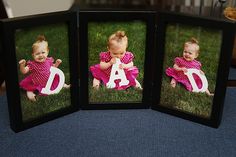 three frames with photos of babies in pink dresses and the letter d are placed on top of each other