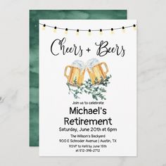 a green and white retirement party card with two mugs of beer on the front