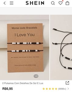 two bracelets are shown on the left side and one is black with white beads