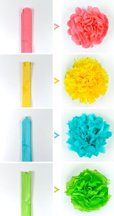 the steps to make tissue paper flowers are shown in different colors and sizes, including pink, yellow, green, blue, and orange