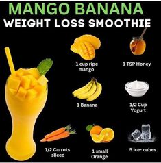 her is my very own recipe about drinks Mango Banana Smoothie, Breakfast Juice, Banana Drinks, Banana Smoothie Recipe, Diet Smoothie Recipes, Yummy Smoothie Recipes, Weight Watchers Breakfast Recipes, Smoothie Challenge, Mango Recipes