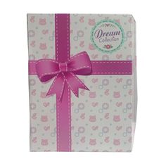 a pink and white gift box with a bow on the top that says dream collection