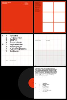 an orange and black brochure with red circles on it's side, in the middle