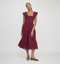 Meet the wear-everywhere Nap Dress®.  It’s our signature garment; soft, comfortable, and pretty enough to wear all day and night. The Ellie is an A-line Nap Dress® with our proprietary, elasticated Nap Smocking, ruffled shoulders, tiered midi skirt, and pockets. Capsule Dressing, Hill House Home, Nap Dress, Clothing Wishlist, Tiered Midi Skirt, Hill House, House On A Hill, New Arrival Dress, Swim Dress