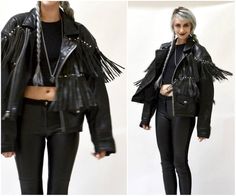 Vintage Black Leather Jacket with Fringe Size Medium Large// Vintage Black Leather Biker Jacket with Edgy Fringe Leather Jacket For Winter, Edgy Leather Jacket With Fringe For Winter, Edgy Black Leather Jacket For Festival, Leather Jacket With Fringe, Bust Form, Vintage Black Leather Jacket, Live Model, Black Leather Biker Jacket, Leather Jacket Black