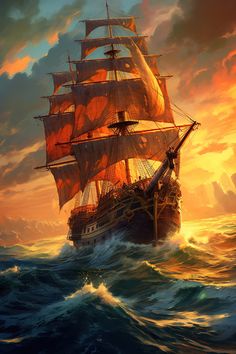 a painting of a sailing ship in the ocean